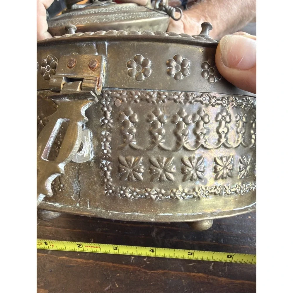 Vintage Hand Embossed Bronze Oval Box With Handle & Hasp Decorative Collectible
